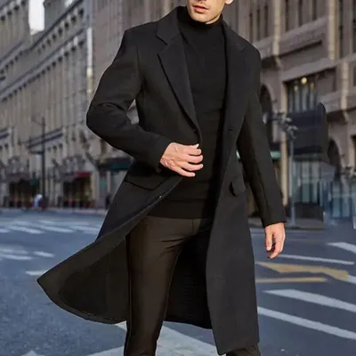Осенне-зимнее мужское шерстяное пальто, однотонные шерстяные куртки с  длинным рукавом, флисовое мужское пальто, уличная мода, длинный тренчкот,  верхняя одежда | AliExpress