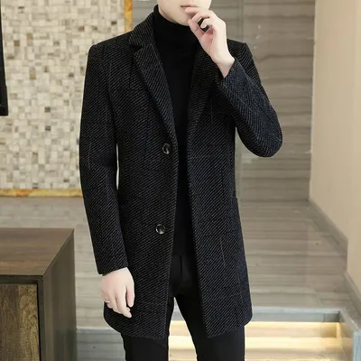 Купить Осенне-зимнее шерстяное пальто для мужчин средней длины, ветровка из  утолщенной ткани, новая мода, повседневное мужское зимнее пальто | Joom