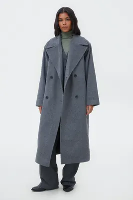 Серое двубортное пальто миди прямого кроя с шерстью - 13739 6999₴ 【MustHave  ❤】