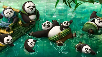 Обои на рабочий стол Панды в воде и им очень весело, мультфильм Kung Fu  Panda 3 / Кунг-фу Панда 3, 2016г, обои для рабочего стола, скачать обои,  обои бесплатно