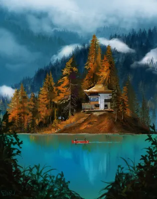 Фото Осенний пейзаж, домик стоит на фоне деревьев, по озеру плывет красная  лодка с людьми