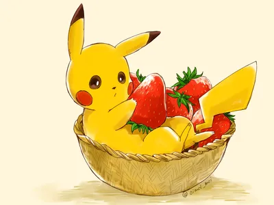 Фото Пикачу / Pikachu из аниме Покемон / Pokemon в корзине с клубникой