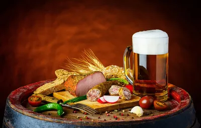 Обои пиво, перец, напиток, помидоры, колбаса, beer, ветчина, sausage, ham  картинки на рабочий стол, раздел еда - скачать