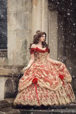 SOLD OUT Red/Gold Upscale Fantasy Belle Gown with Flowers – Romantic Threads