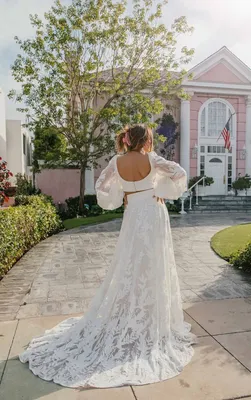 Luxe Two-Piece Boho Bridal Look with Long Bell Sleeves and Detachable Belt