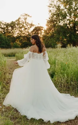 Luna wedding dress for the hippie bride. Bell sleeves and flowy silk  chiffon. — Daci Gowns