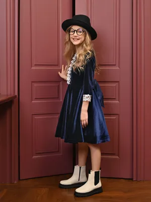Платье из бархата с воротничком для девочки синий купить в  интернет-магазине Silver Spoon