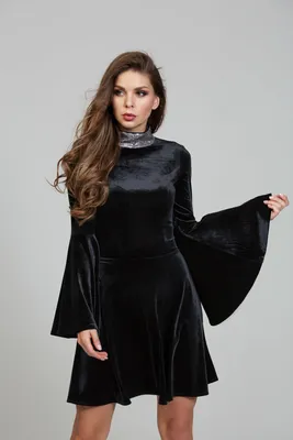 Платье-мини из бархата с воланом и длинным рукавом 00003104 черный купить в  интернет-магазине Post Meridiem