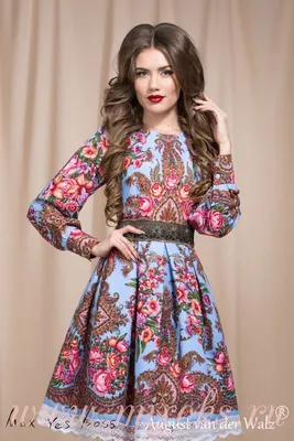Платье из павлопосадского платка голубое купить за 6500 руб.