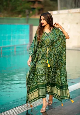 Women Bhandhej Print Wedding Kaftan Ladies Summer Midi Party Wear Kaftan  Dress | eBay