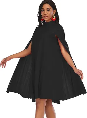 AOMEI Women's Stand Collar Pleated Cape Sleeve Loose Knee Length Dress Plus  Size(Black,S) at Amazon Women's Clothing store