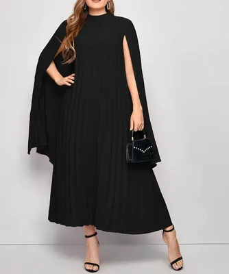 Elegant Plus Size Round Neck Long Sleeve Pleated Solid Cape Dress Formal  Tunic | eBay