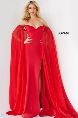 Jovani 07652 Size 8 Red Prom Dress Cape Sleeves Pageant Gown Off the S –  Glass Slipper Formals