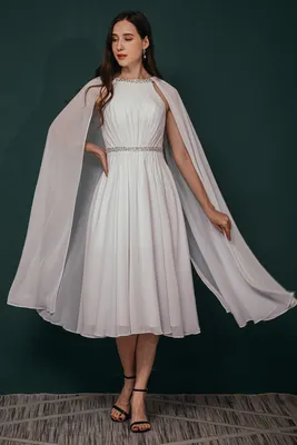 Simple Beaded White Chiffon Summer Wedding Dress with Cape – Ballbella