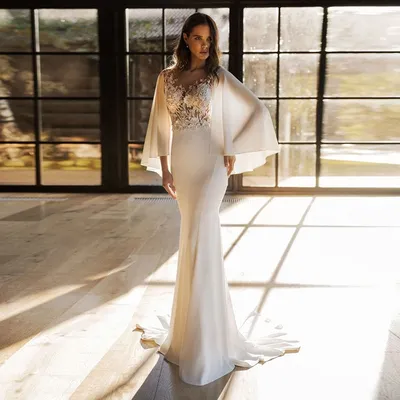 Unique Cape Chapel Train Boat Neck Mermaid Wedding Gown - VQ