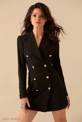 1STerica: Двубортное платье-пиджак с атласными лацканами черное