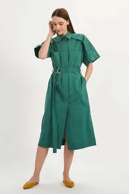 Платье-рубашка с поясом - артикул B4522032, цвет DEEP GREEN - купить по  цене 3525 руб. в интернет-магазине Baon