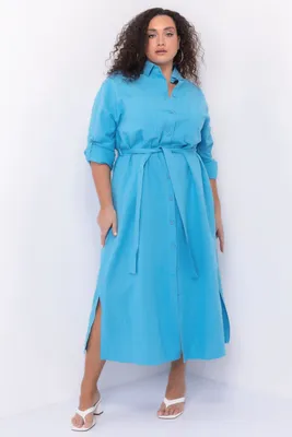 Голубое льняное платье-рубашка арт.3325 купить платья стильные для полных