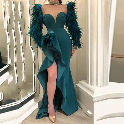 2023 элегантное вечернее платье-Русалка с длинным рукавом, с разрезом и  перьями, Дубайский стиль, Сексуальные вечерние платья для выпускного вечера  | AliExpress