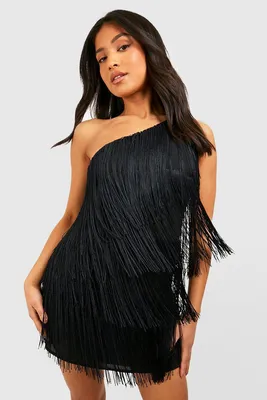 Мини-платье на одно плечо petite с кисточками Boohoo, черный – заказать  из-за рубежа в «CDEK.Shopping»