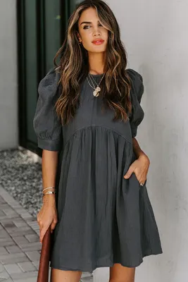 Темно-серое свободное платье с объемными рукавами и завышенной талией арт.  166273 | интернет-магазин VitoRicci