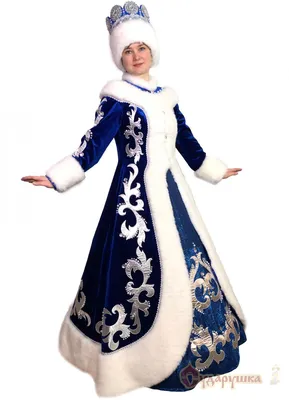 Новогодний костюм Снегурочки бархатный с аппликацией и короной - Сударушка