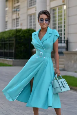 Купить двубортное платье миди с юбкой солнце в голубом цвете с доставкой и  примеркой в интернет магазине olalafason.ru в Москве