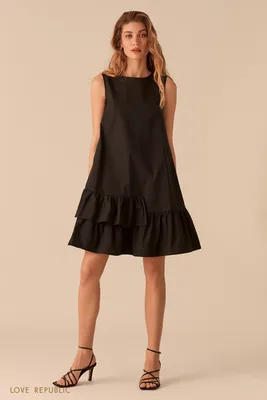Черное свободное платье-трапеция с воланами 0256035533-50 - купить в  интернет-магазине LOVE REPUBLIC по цене: 1 299 ₽