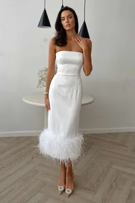 Платье-футляр из атласа с декором перья 00002205 белый купить в  интернет-магазине Post Meridiem