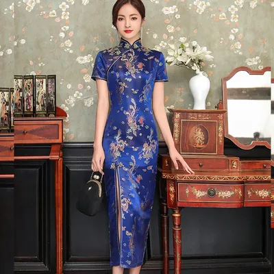 Women Chinese Traditional Qipao Dress Faux Silk Satin Cheongsam Navy Blue  Gown | eBay