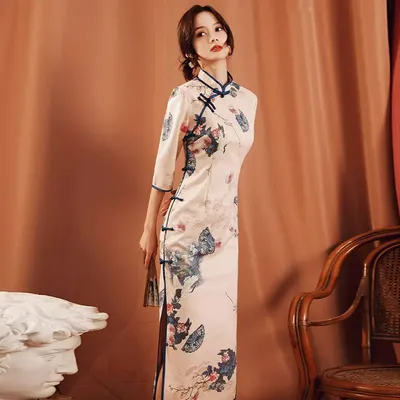Женское винтажное платье Ципао с цветочным принтом, длинное праздничное  платье с коротким рукавом, традиционное китайское платье Ципао, 2021 |  AliExpress