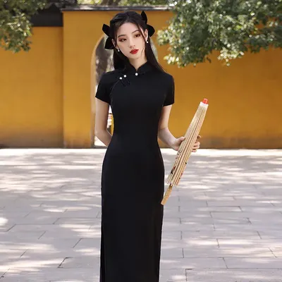 Women Elegant Black Long Qipao Dress Improved Cheongsam Chinese Traditional  Club | eBay