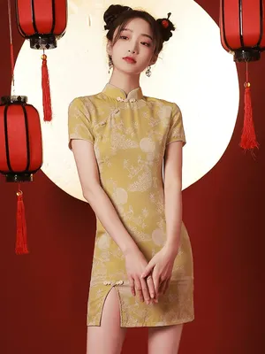 Chinese Red Wedding Cheongsam Short Sleeve Qipao Dress - Hanfumodern