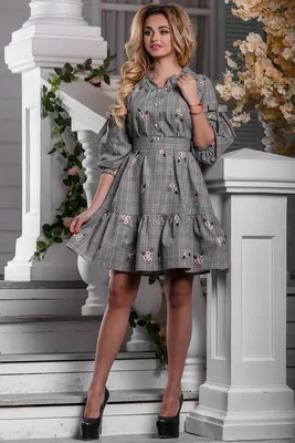 Хлопковое женское платье в клетку с пышной юбкой и кружевом Sms8236  недорого. Цена со склада.