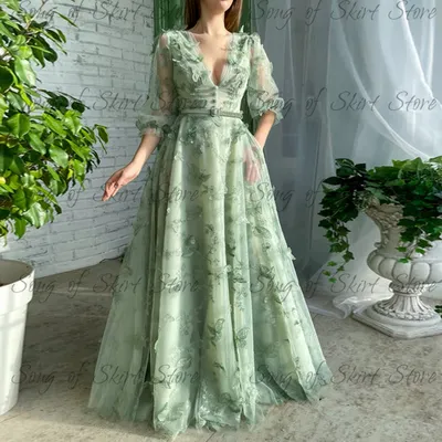 Зеленое платье для выпускного вечера, ТРАПЕЦИЕВИДНОЕ вечернее длинное платье  из органзы с объемными бабочками и цветами, платье для вечеринки |  AliExpress