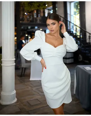 Белое короткое вечерние платье с пышным рукавом купить с доставкой в Москве  в интернет-магазине CAPPONI COLLECTION