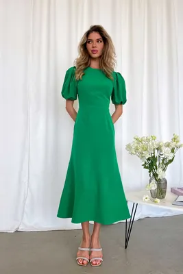 Платье миди с пышными рукавами и юбкой \"годе\" 00002172 зеленый купить в  интернет-магазине Post Meridiem