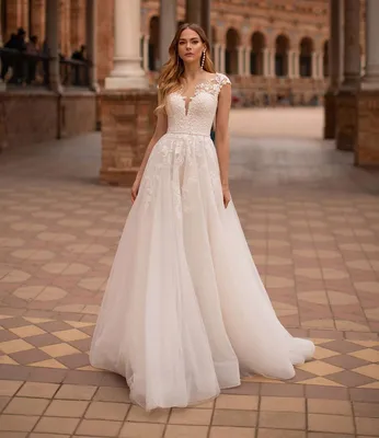₪406-Классические свадебные платья из бисера и кружева из тюля с круглым  вырезом и короткими рукавами, длинное платье невесты для жен-Description
