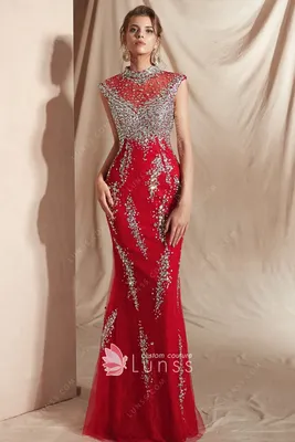 Роскошное вечернее платье выпускного вечера с русалкой из бисера и  кристаллов красного кружева - Lunss