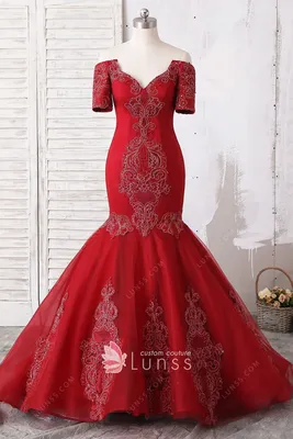 Винтажное длинное темно-красное длинное платье с вышивкой из бисера и  кружевной аппликацией - Lunss