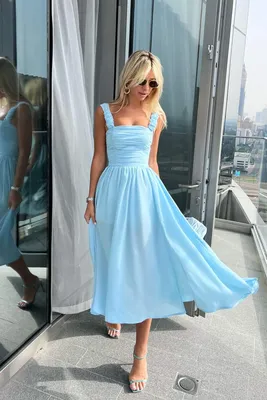 Платье миди из шифона с драпированным лифом 00002127 голубой купить в  интернет-магазине Post Meridiem