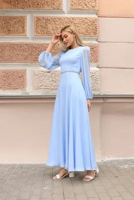 Купить изящное Шифоновое платье макси c легким рукавом (Голубое) в  Екатеринбурге в ШоуРуме платьев по выгодной цене