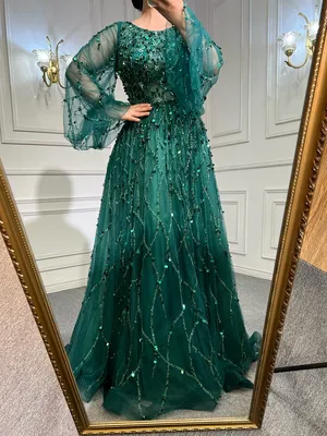₪896-Serene Hill мусульманские зеленые роскошные вечерние платья Aline  2023, одно вырез, пышные рукава, расшитые бисером, официальная-Description