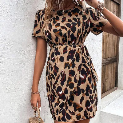 Женское Повседневное платье с леопардовым принтом, летнее платье без  рукавов с V-образным вырезом и эластичным поясом | AliExpress