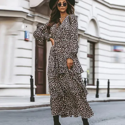 Женское шифоновое платье с леопардовым принтом, элегантное плиссированное  платье в ретро стиле с V-образным вырезом, офисные платья с  рукавами-фонариками для осени, 2023 | AliExpress