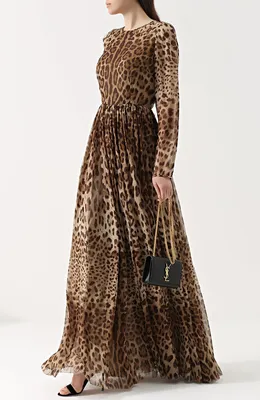 Платье миди с разрезом на ноге и длинными рукавами светло-бежевое с леопардовым  принтом - купить в интернет магазине Аржен
