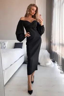 Черное платье в длине миди с объемными рукавами можно купить с доставкой и  примеркой в интернет магазине olalafason.ru в Москве