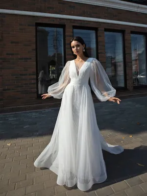 Свадебное платье / Нарядное платье с объемными рукавами на резинке миди  (молочный)