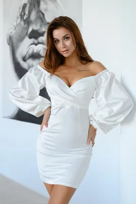 Купить белое платье мини с объемными рукавами из королевского атласа с  доставкой и примеркой в интернет магазине olalafason.ru в Москве