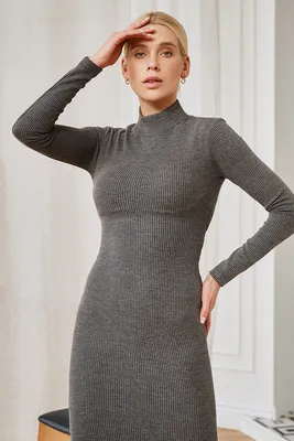 Леля. Платье женское серого цвета с геометрической вышивкой изо льна.  Модель PL-454